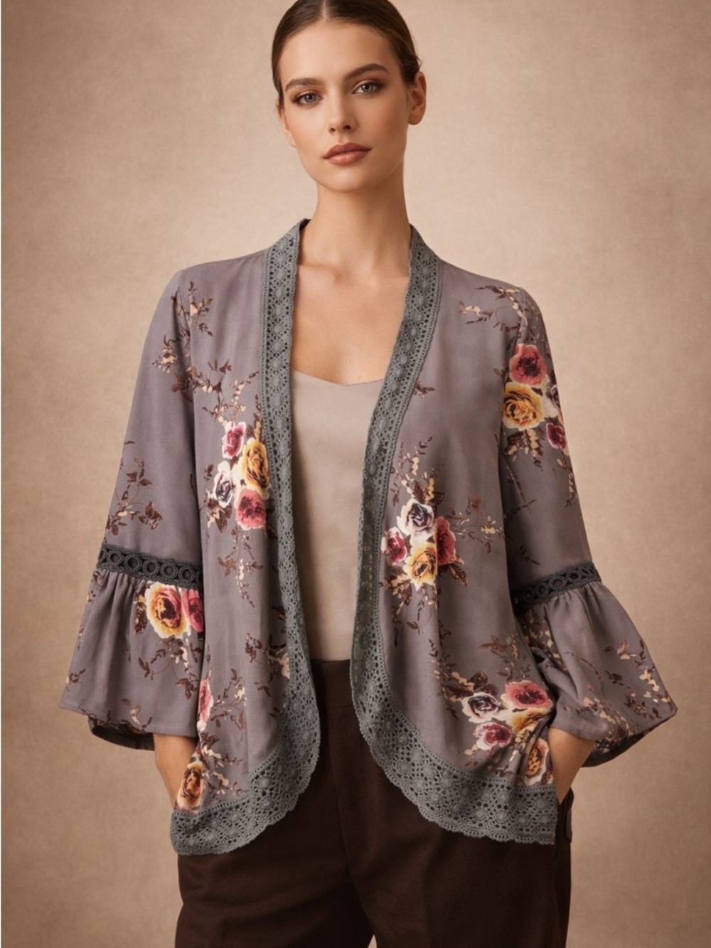 Wish Floral Lace-Trim Kimono Cardigan in Gray and Pink